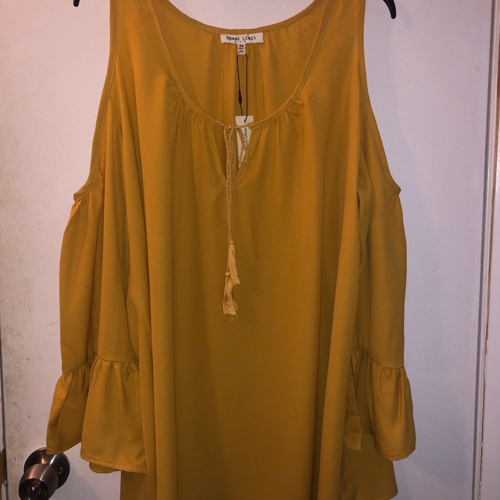 Mustard Open Shoulder Bell Sleeve Top
